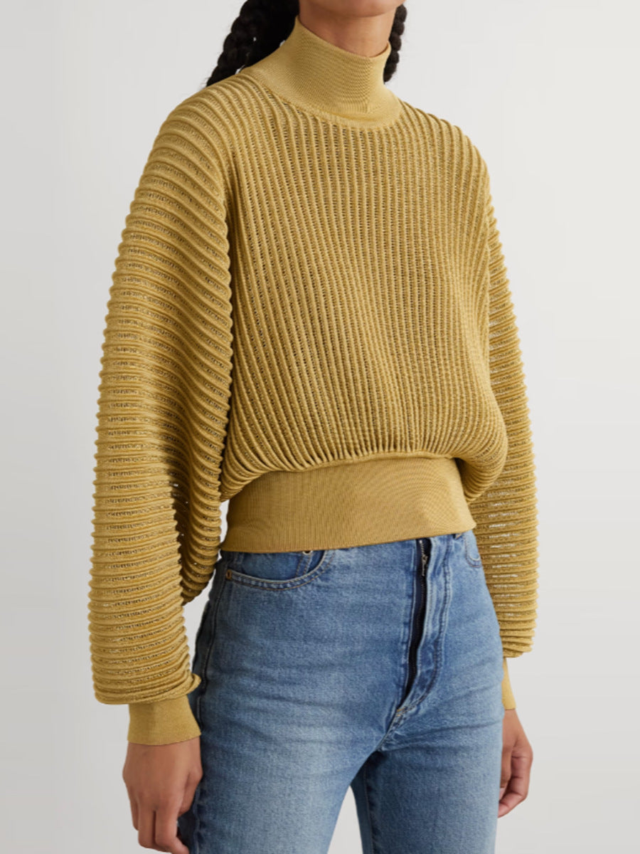 Autumn Turtleneck Diamonds Knitted Sweater  Pullovers Lantern Sleeve Womens Tops