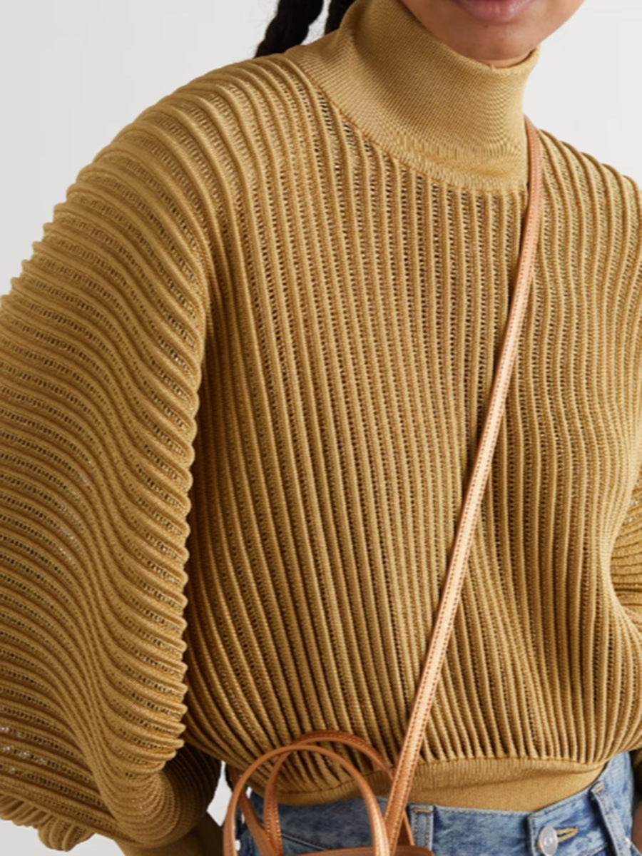Autumn Turtleneck Diamonds Knitted Sweater  Pullovers Lantern Sleeve Womens Tops